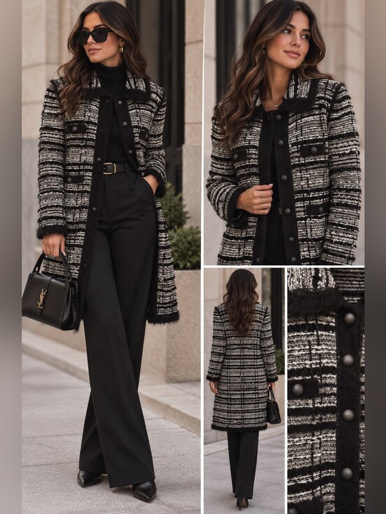D. Exterior Jackets & Blazers - D. Exterior Black and White Tweed Knit Long Jacket Coat Made in Italy